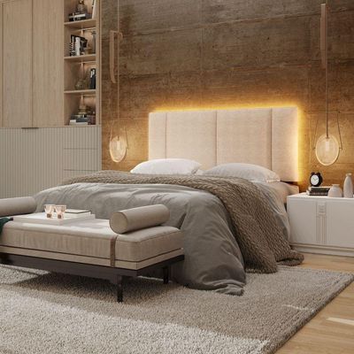 Cabeceira Estofada Iluminação Led Glow Cama Box Casal 140 Cm Linho Bege