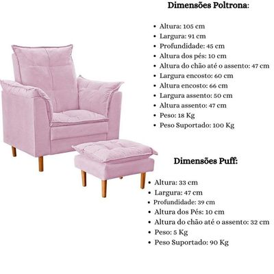 Poltrona De Amamentação Quarto De Bebê Com Puff Melina Suede Rosê