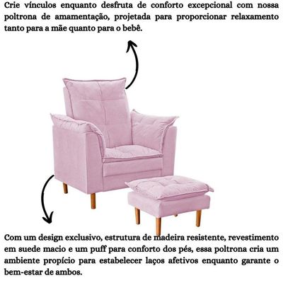 Poltrona De Amamentação Quarto De Bebê Com Puff Melina Suede Rosê