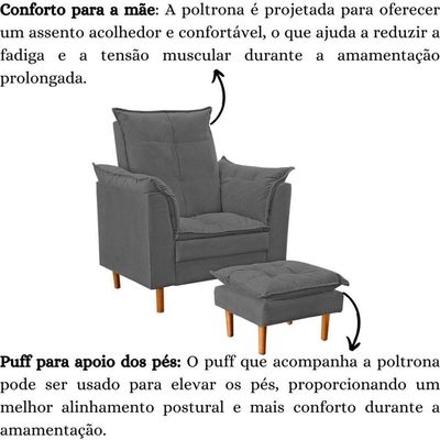 Poltrona De Amamentação Com Puff Quarto Bebê Encanto Suede Cinza