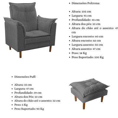 Poltrona De Amamentação Com Puff Quarto Bebê Encanto Suede Cinza