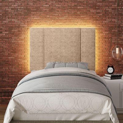 Cabeceira Estofada Cama Box Solteiro Com Led Star 90 Cm Bouclé Bege