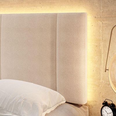 Cabeceira Estofada Cama Box Solteiro Com Led Star 90 Cm Bouclé Bege