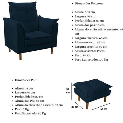 Poltrona De Amamentação Quarto De Bebê Com Puff Melina Suede Azul Marinho