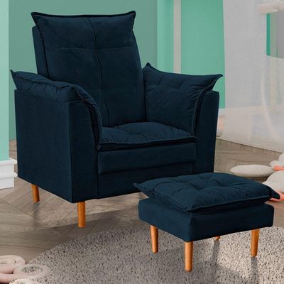 Poltrona De Amamentação Quarto De Bebê Com Puff Melina Suede Azul Marinho