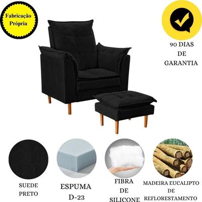 Poltrona Decorativa Sala De Estar Quarto Leitura Azera Suede Preto