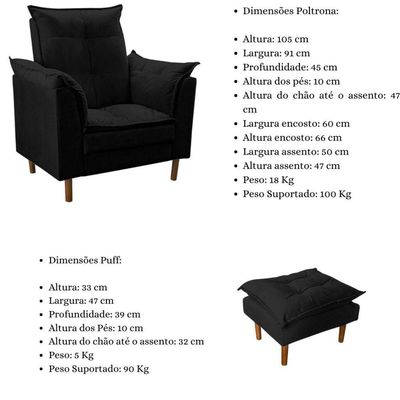 Poltrona Decorativa Sala De Estar Quarto Leitura Azera Suede Preto