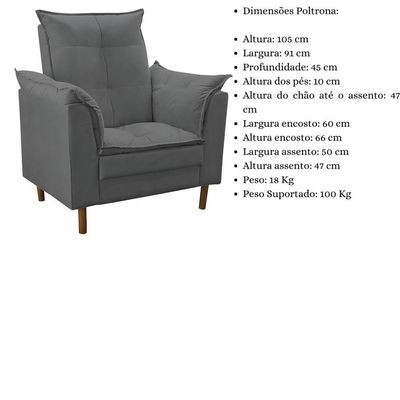 Poltrona Decorativa Sala De Estar Quarto Leitura Azera Suede Cinza