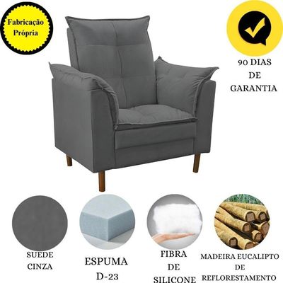 Poltrona Decorativa Sala De Estar Quarto Leitura Azera Suede Cinza