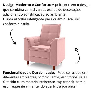 Poltrona Para Sala Confortável Decorativa Londres Suede Rosa