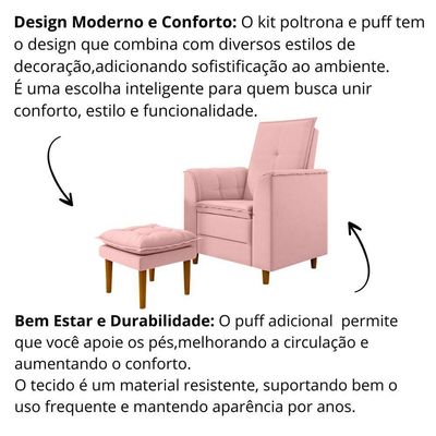 Kit Poltrona E Puff Amamentação Confortável Luma Veludo Rosa
