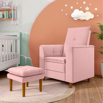 Kit Poltrona E Puff Amamentação Confortável Luma Veludo Rosa