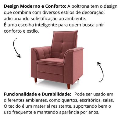Poltrona Decorativa Estofada Confortável Sala Atenas Veludo Rosê