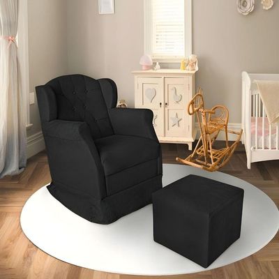 Poltrona Decorativa Amamentação Balanço E Puff Bebê Suede Preto