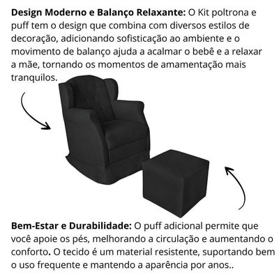 Poltrona Decorativa Amamentação Balanço E Puff Bebê Suede Preto