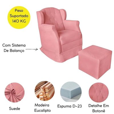 Poltrona Decorativa Amamentação Balanço E Puff Bebê Suede Rosê