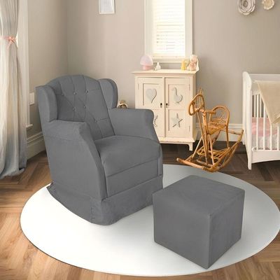 Poltrona Decorativa Amamentação Balanço E Puff Bebê Suede Cinza