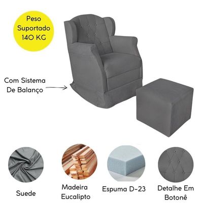 Poltrona Decorativa Amamentação Balanço E Puff Bebê Suede Cinza