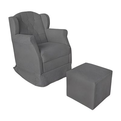 Poltrona Decorativa Amamentação Balanço E Puff Bebê Suede Cinza