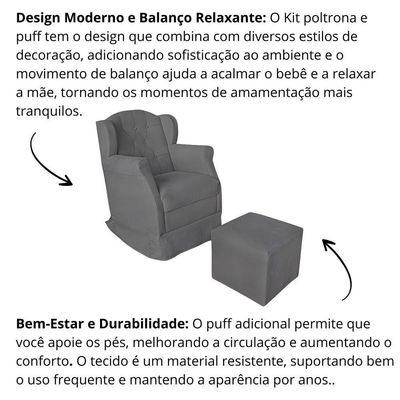 Poltrona Decorativa Amamentação Balanço E Puff Bebê Suede Cinza