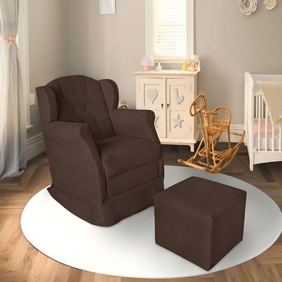 Poltrona Decorativa Amamentação Balanço E Puff Bebê Suede Marrom