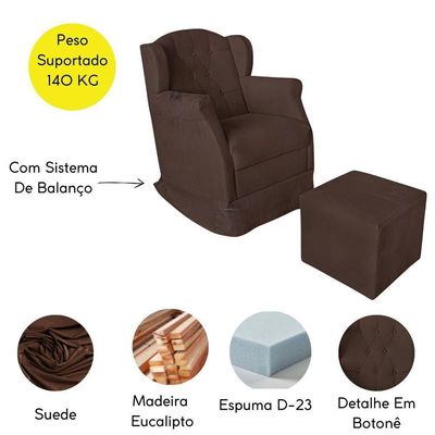 Poltrona Decorativa Amamentação Balanço E Puff Bebê Suede Marrom