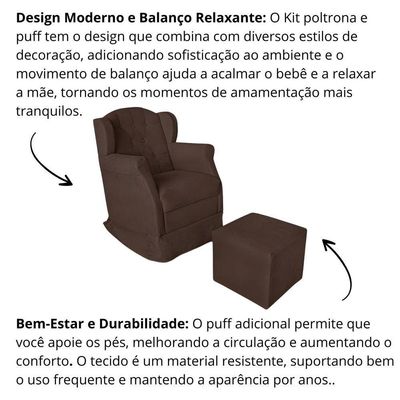 Poltrona Decorativa Amamentação Balanço E Puff Bebê Suede Marrom