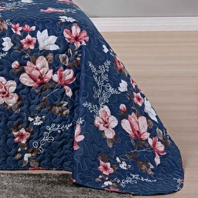 Kit Cobre Leito Colcha Celi King Dupla Face Micropercal 200 Fios 3 Peças - Azul Marinho Floral
