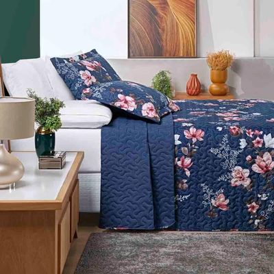 Kit Cobre Leito Colcha Celi King Dupla Face Micropercal 200 Fios 3 Peças - Azul Marinho Floral