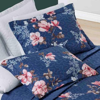 Kit Cobre Leito Colcha Celi King Dupla Face Micropercal 200 Fios 3 Peças - Azul Marinho Floral