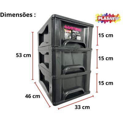 Gaveteiro Organizador 3 Gav Plasnew Resistente 1715 Preto