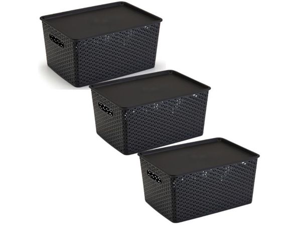 Kit 3 Caixas Organizadoras C/ Tampa Grande 15 L Rattan Preta