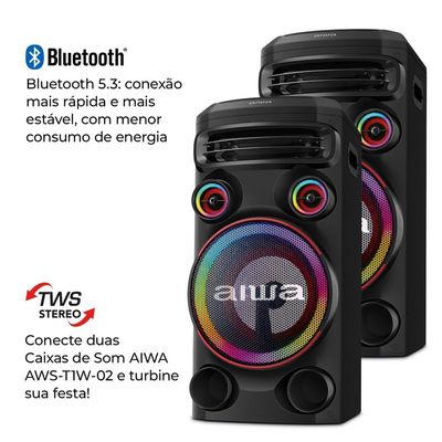 Torre de Som AIWA T1W -02 1600W 1Woofer10" Bluetooth RGB USB FM DJ BIV