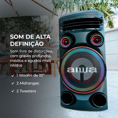 Torre de Som AIWA T1W -02 1600W 1Woofer10" Bluetooth RGB USB FM DJ BIV