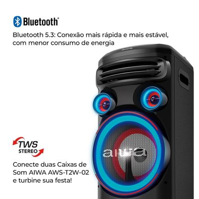Torre de Som AIWA T2W -02 2300W 2Woofers10" Bluetooth RGB USB FM DJ BIV