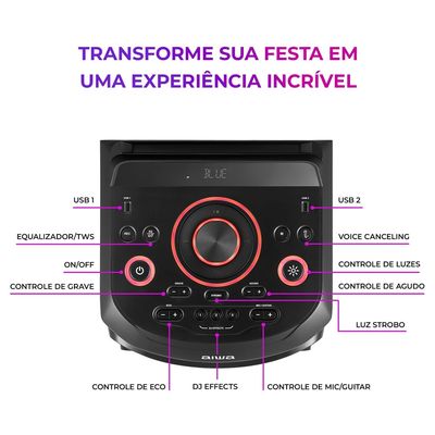 Torre de Som AIWA T2W -02 2300W 2Woofers10" Bluetooth RGB USB FM DJ BIV