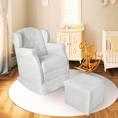Poltrona Decorativa Amamentação Balanço Puff Bebê Corino Branco