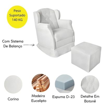 Poltrona Decorativa Amamentação Balanço Puff Bebê Corino Branco