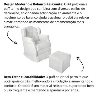 Poltrona Decorativa Amamentação Balanço Puff Bebê Corino Branco