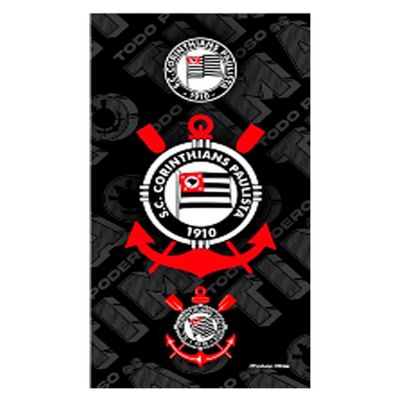 Toalha Praia Buettner Veludo Estampado 100% Algodão Brasão Corinthians 70cm x 140m Preto