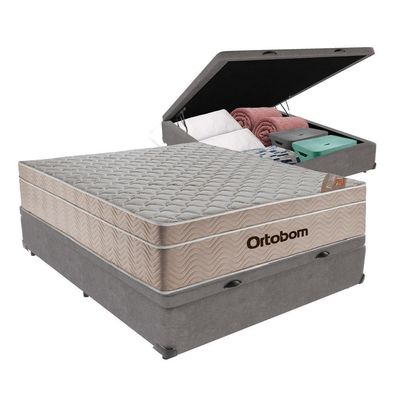 Cama + Box Bau Airtech Colchão Ortobom Viuva Springpocket Cinza
