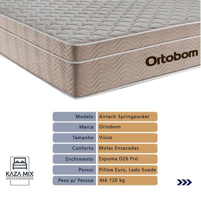 Cama + Box Airtech Colchão Ortobom Viúva 128cm Springpocket Branco