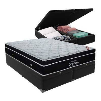 Cama+ Box Com Bau Ortobom Colchão Queen Com Molas Ensacadas Preto