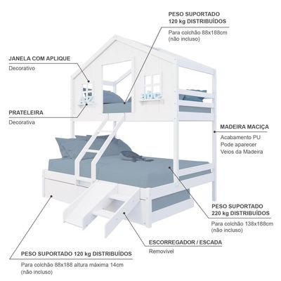 Treliche Casal/ Solteiro Casinha Dos Sonhos Kit Escada/ Escorregador Madeira Maciça Branco