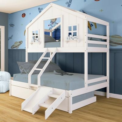 Treliche Casal/ Solteiro Casinha Dos Sonhos Kit Escada/ Escorregador Madeira Maciça Branco