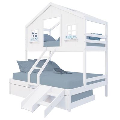 Treliche Casal/ Solteiro Casinha Dos Sonhos Kit Escada/ Escorregador Madeira Maciça Branco