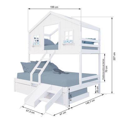 Treliche Casal/ Solteiro Casinha Dos Sonhos Kit Escada/ Escorregador Madeira Maciça Branco
