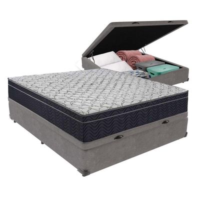 Cama + Box Bau Casal Colchão Extra Firme Ortobom D45 Airtech Cinza