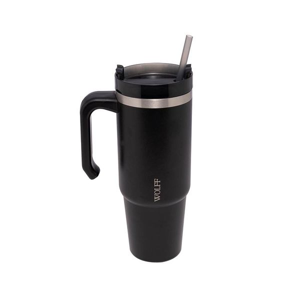 Caneca Térmica Wolff 890ml SlimTerm com Canudo, Parede Dupla e Base Ergonômica Preta Preto