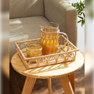 Conjunto 4 Copos Baixos Wolff 320ml Vidro com Sisal Natural Design Rústico Transparente